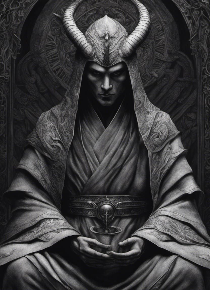 Serene Dragon-Horned Monk in Charcoal Drawing