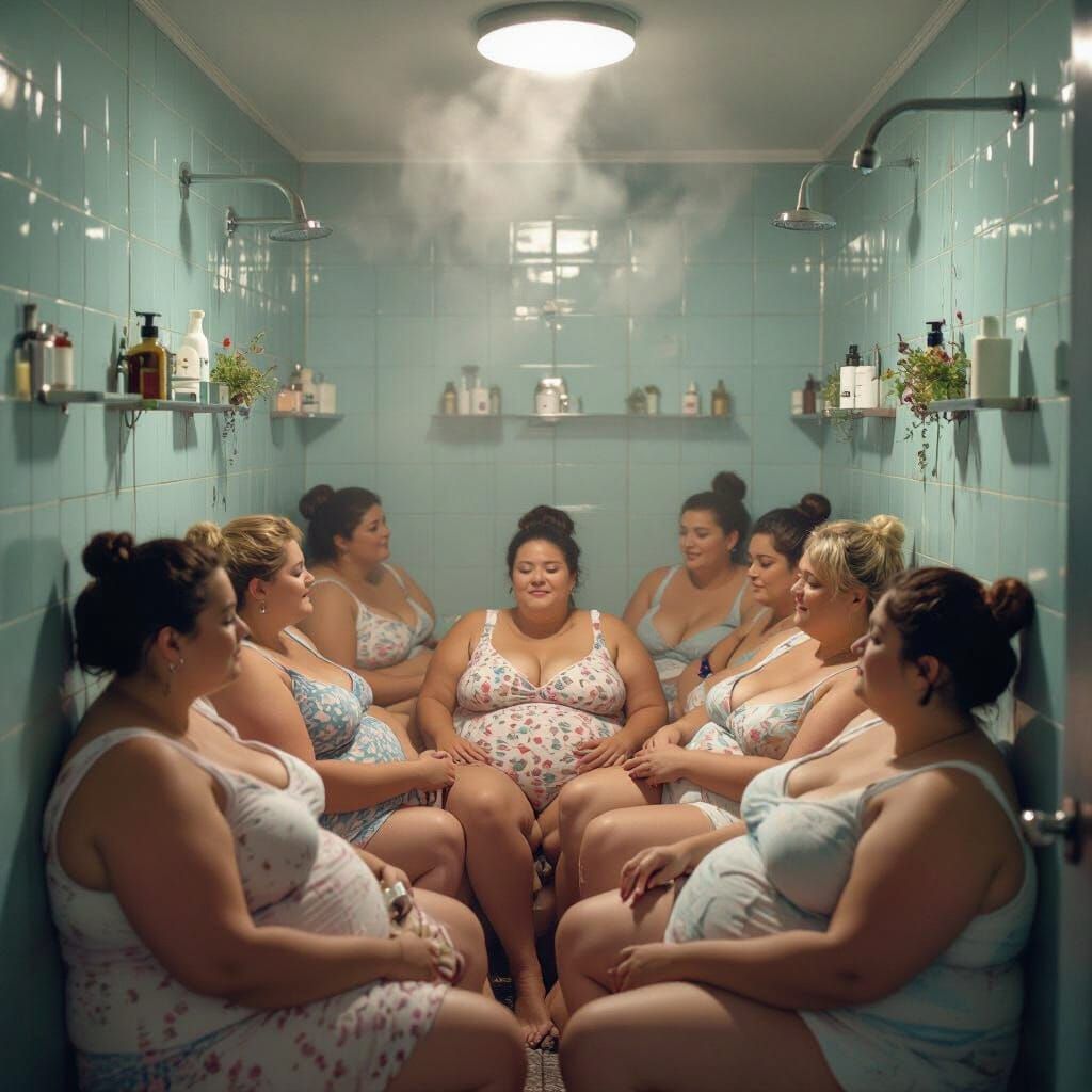 Crowded Communal Shower Room: A Cinematic Film Still