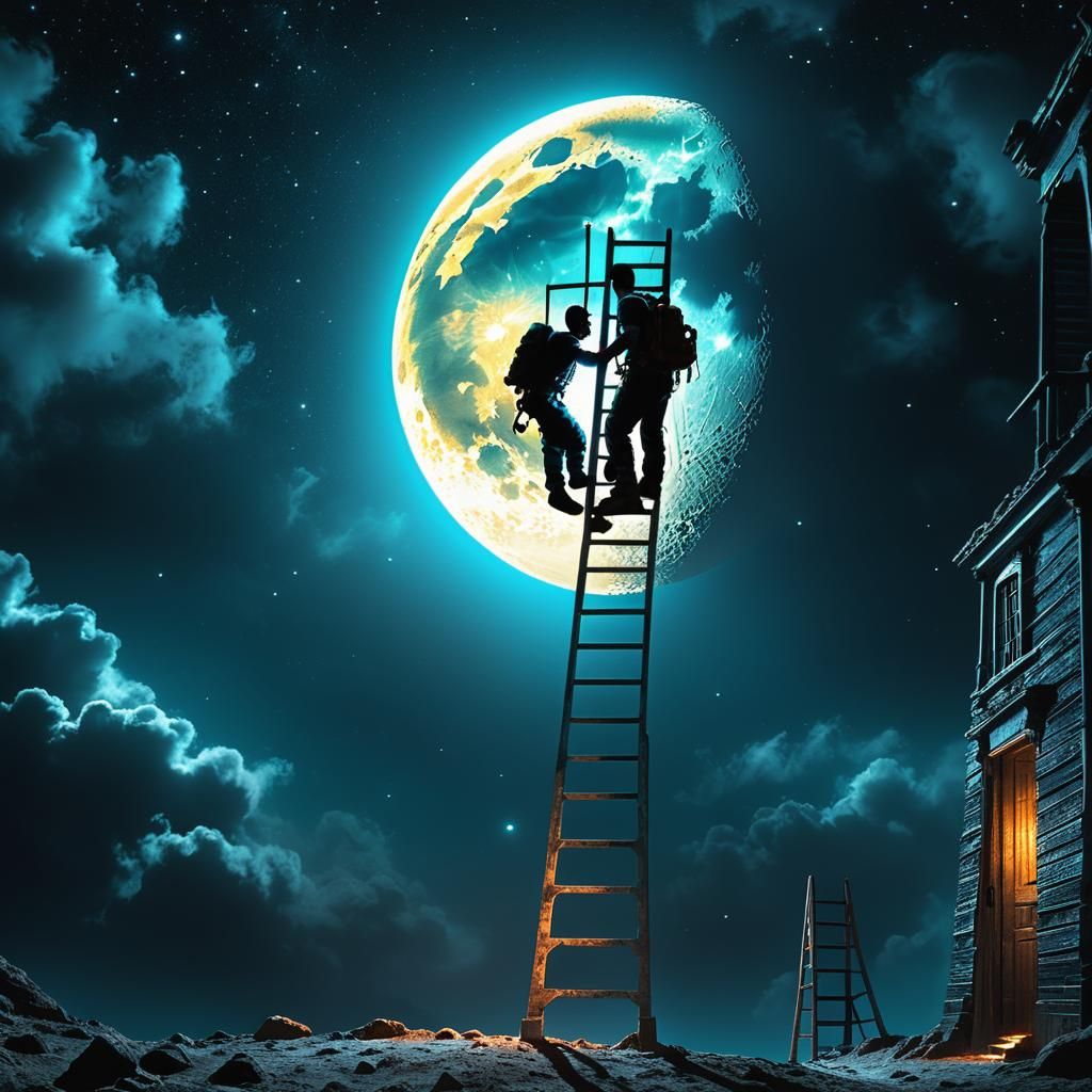 Man Climbs Ladder to Moon Door in Digital Painting
