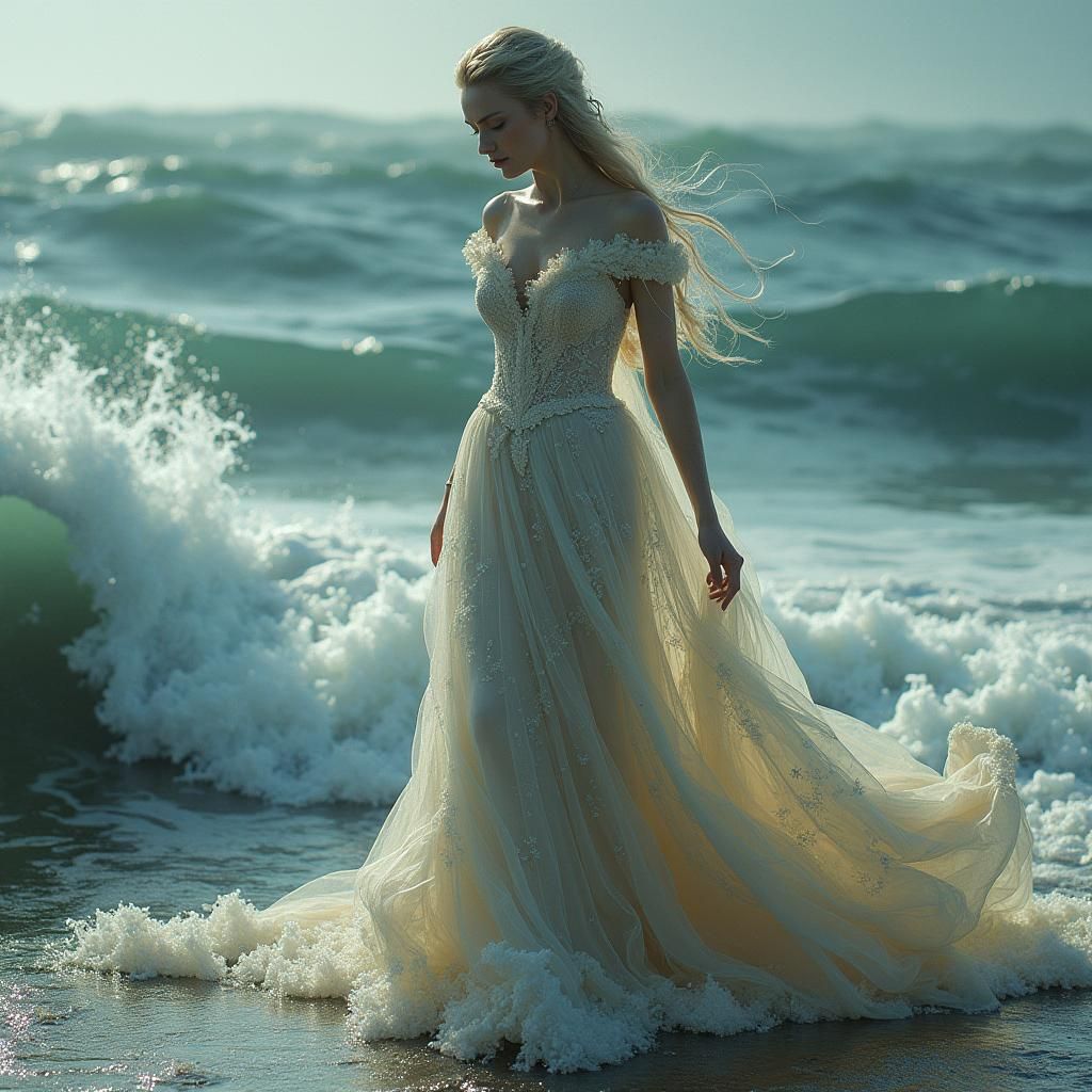 Gothic Woman Walks Through Sea Storm