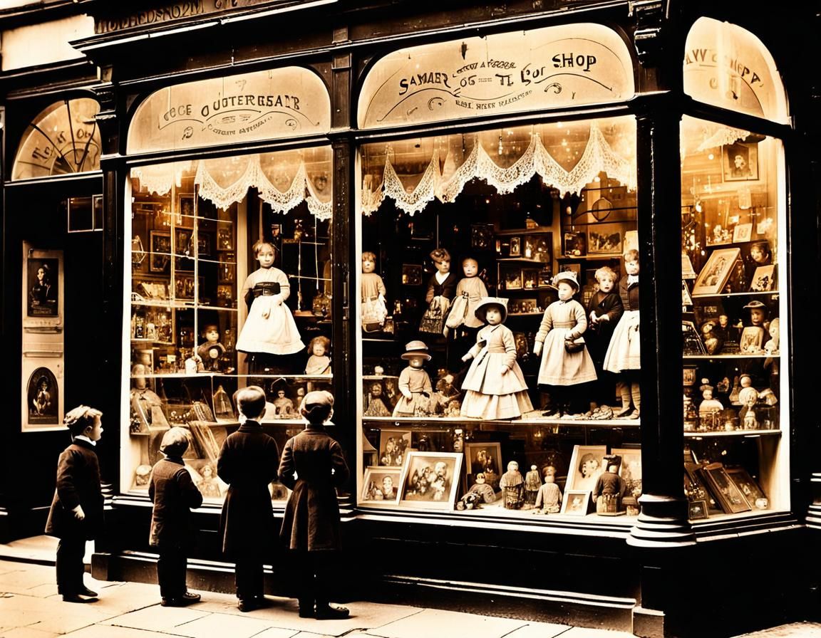 Victorian Toy Shop Window Display at Dusk