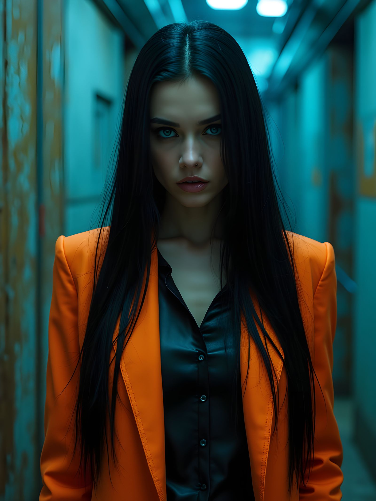 Cyberpunk Woman with Piercing Blue Eyes