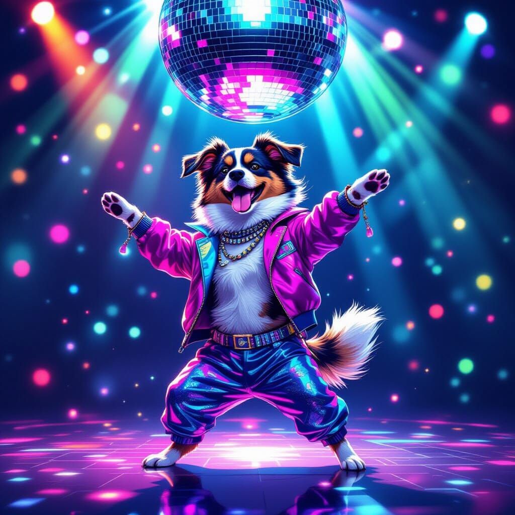 Dog Dancing at Disco in Neon Digital Art Style