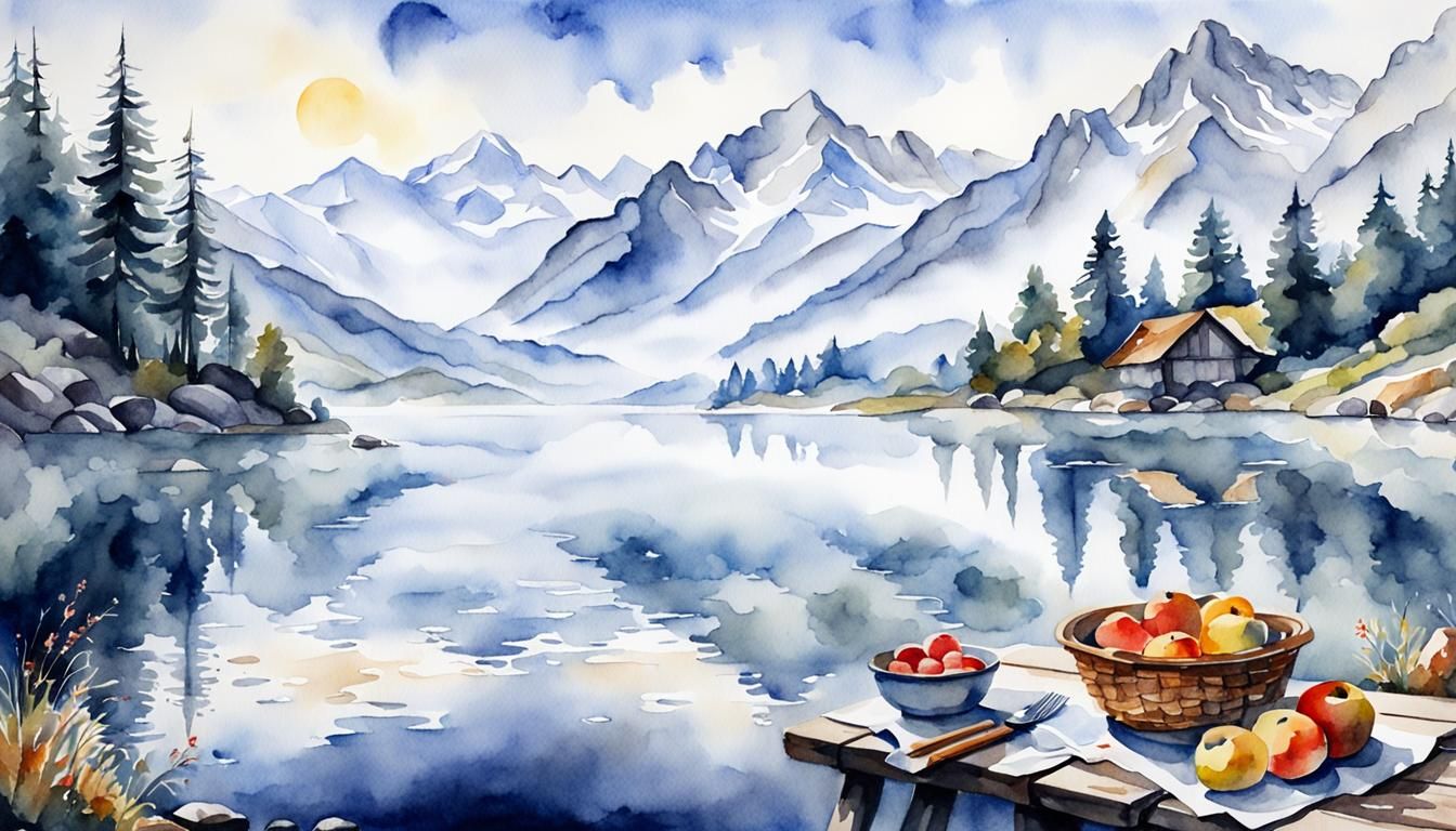 Foggy Mountain Lake: A Watercolor Still Life