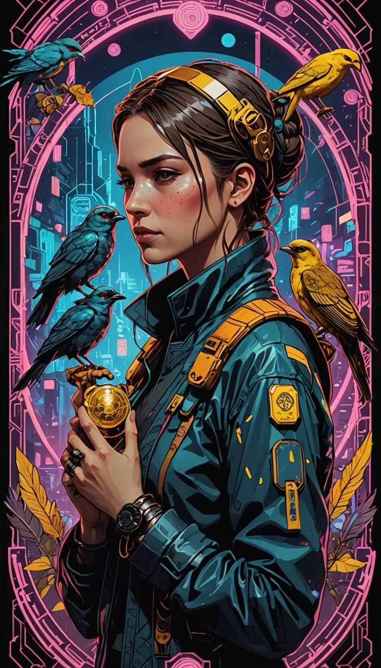 Nine of Pentacles Tarot Card in Cyberpunk Style