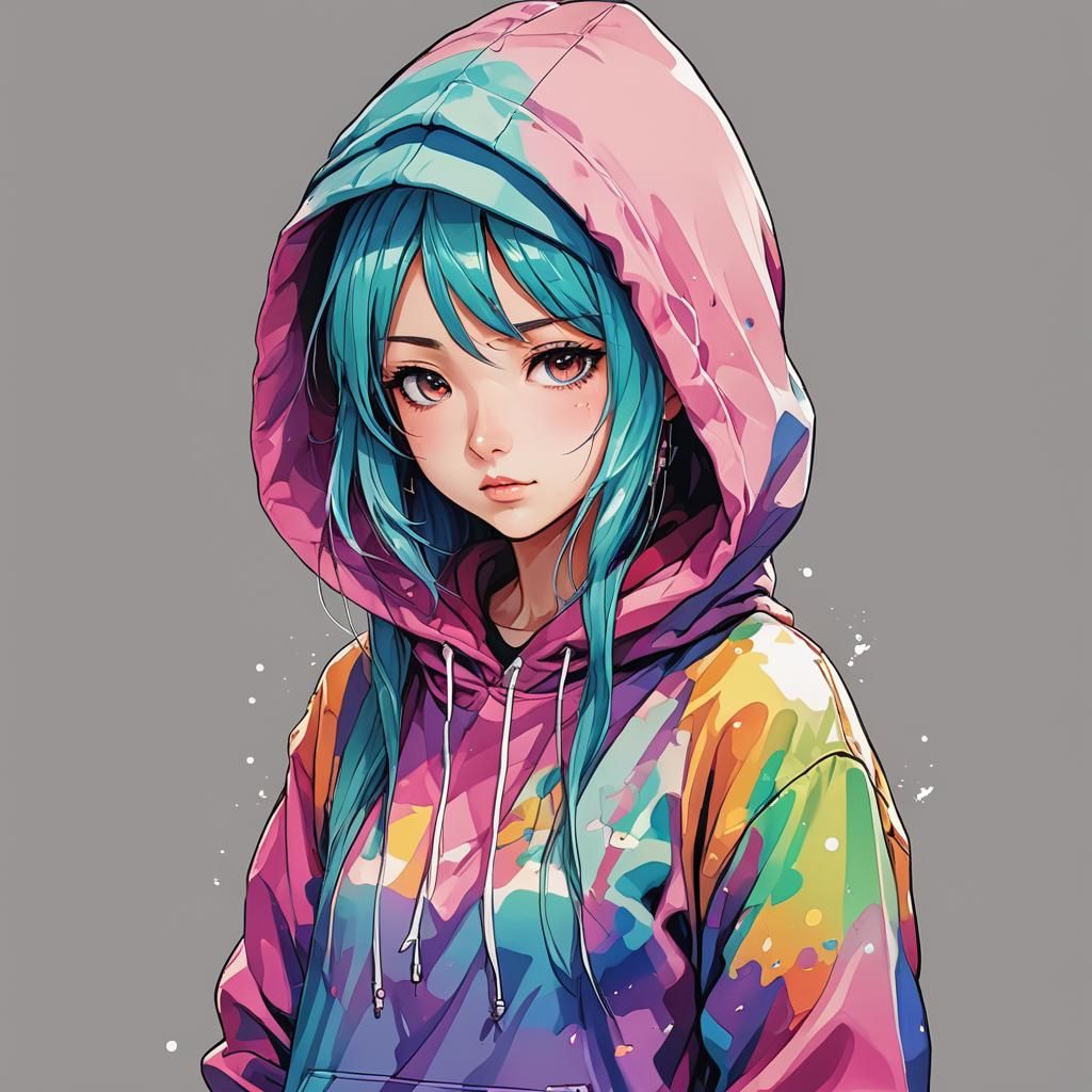 Colorful Manga Girl in Hoodie
