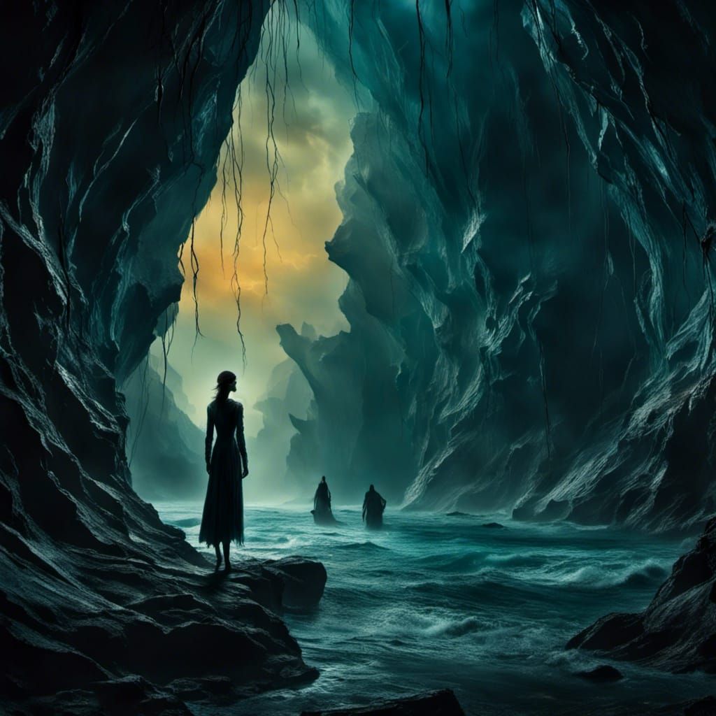 Selkie in Bioluminescent Cave: Dark Fantasy Film Still
