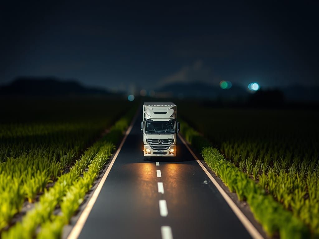 Truck on Moonlit Rice Fields in Miniature Realism