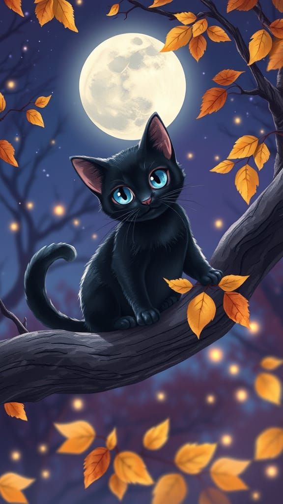 Anime Black Cat on Tree Branch Under Full Moon