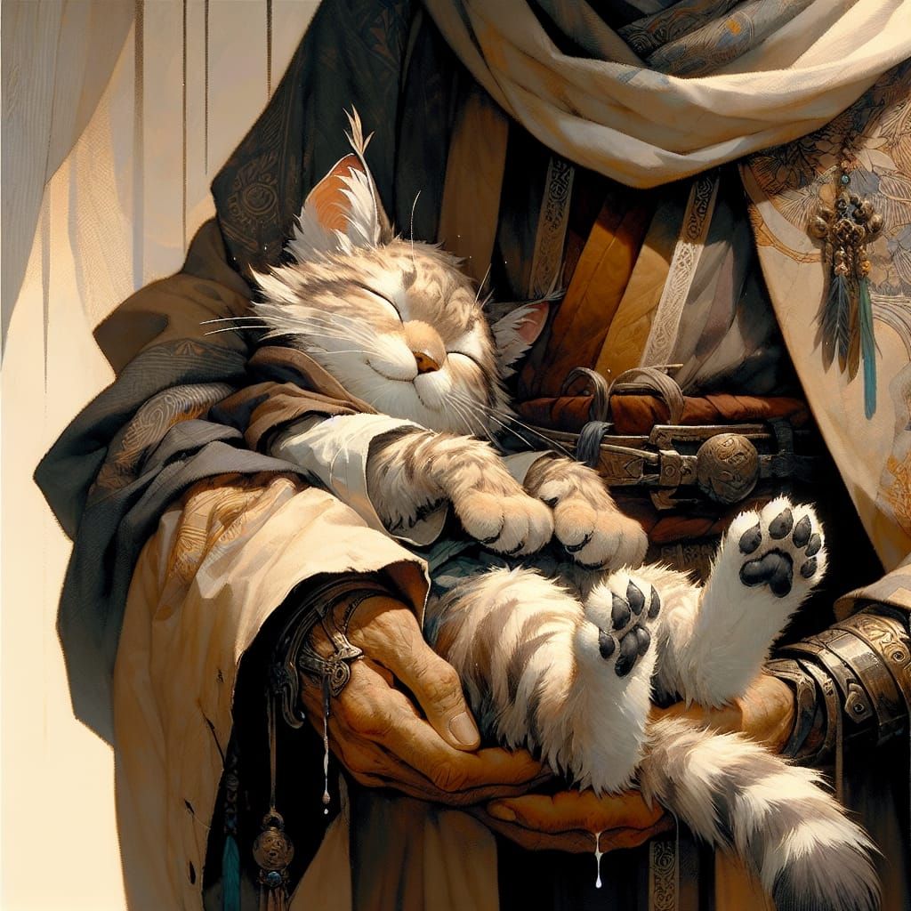 Lynx Sleeps Safely in Knight's Arms: Anime Fantasy