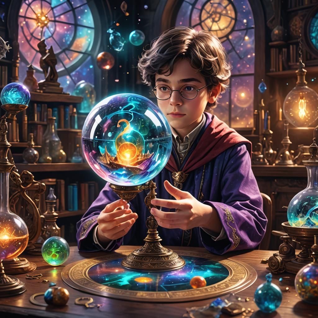 A day in the wizards school  laboratory, on the table a glas...