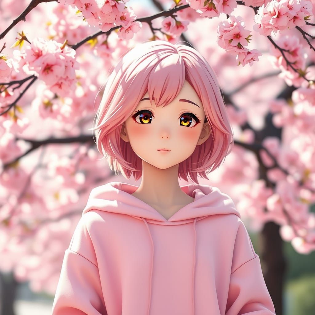 Young Girl Under Cherry Blossom Tree in Pastel Pink Hoodie