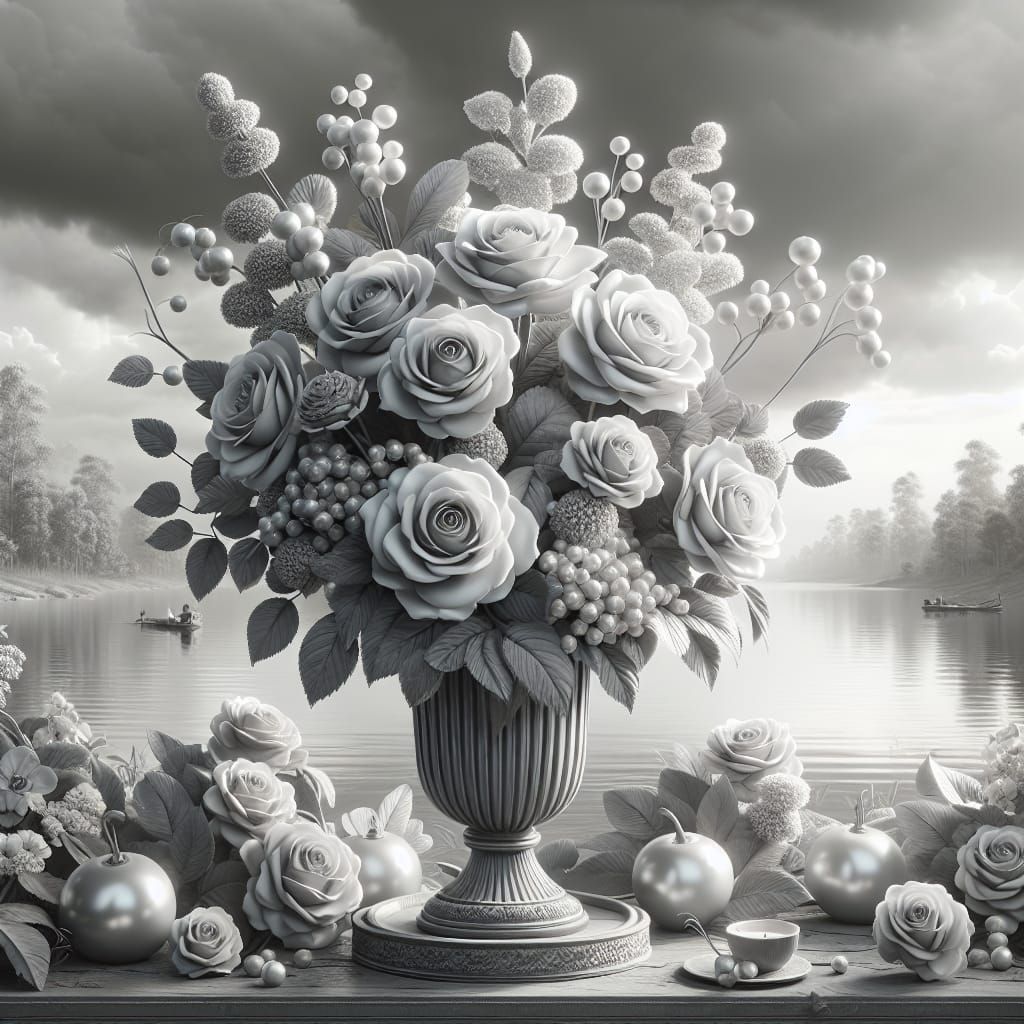 Serene Monochrome Bouquet by a Calm Lake