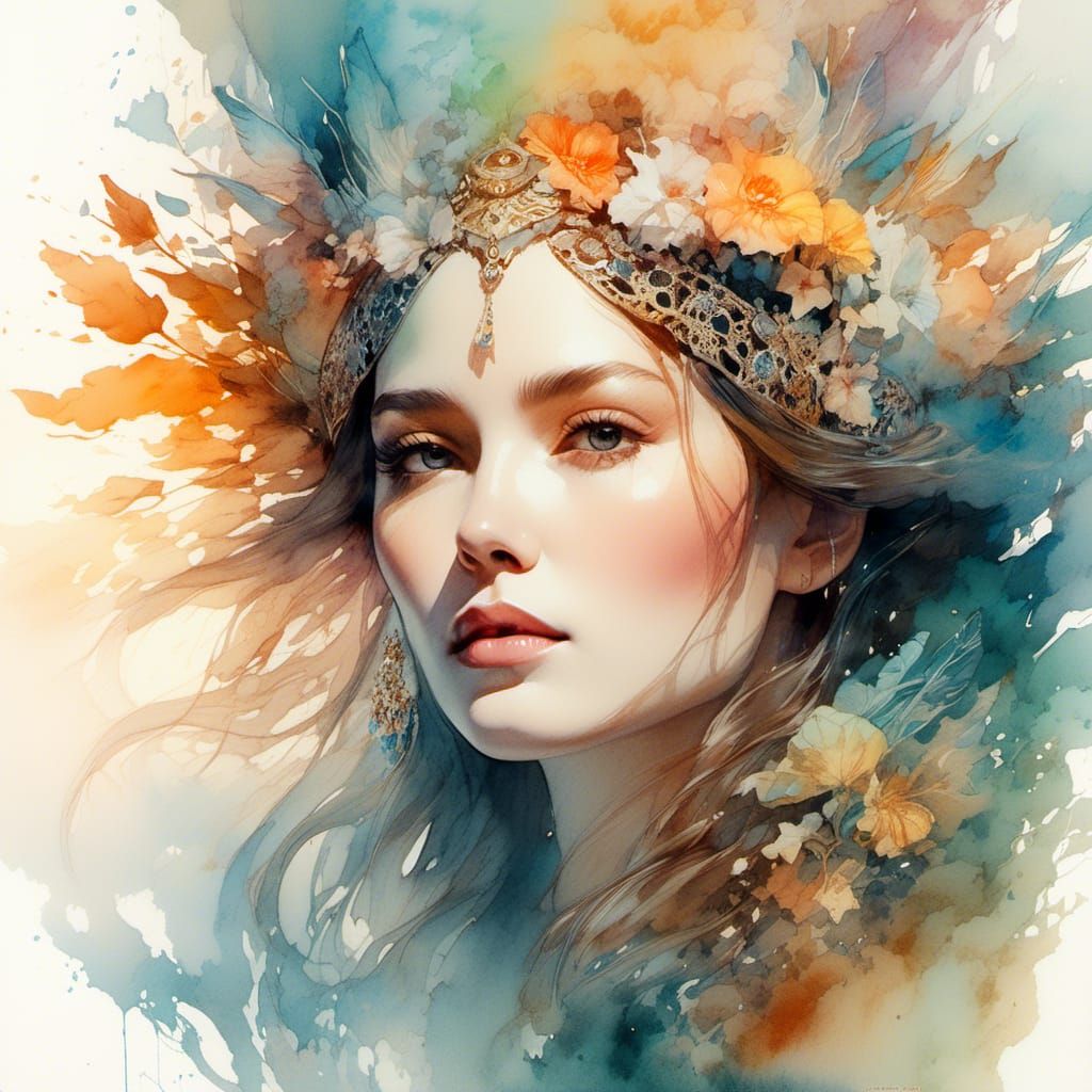Fairytale Goddess Portrait in Watercolor Style