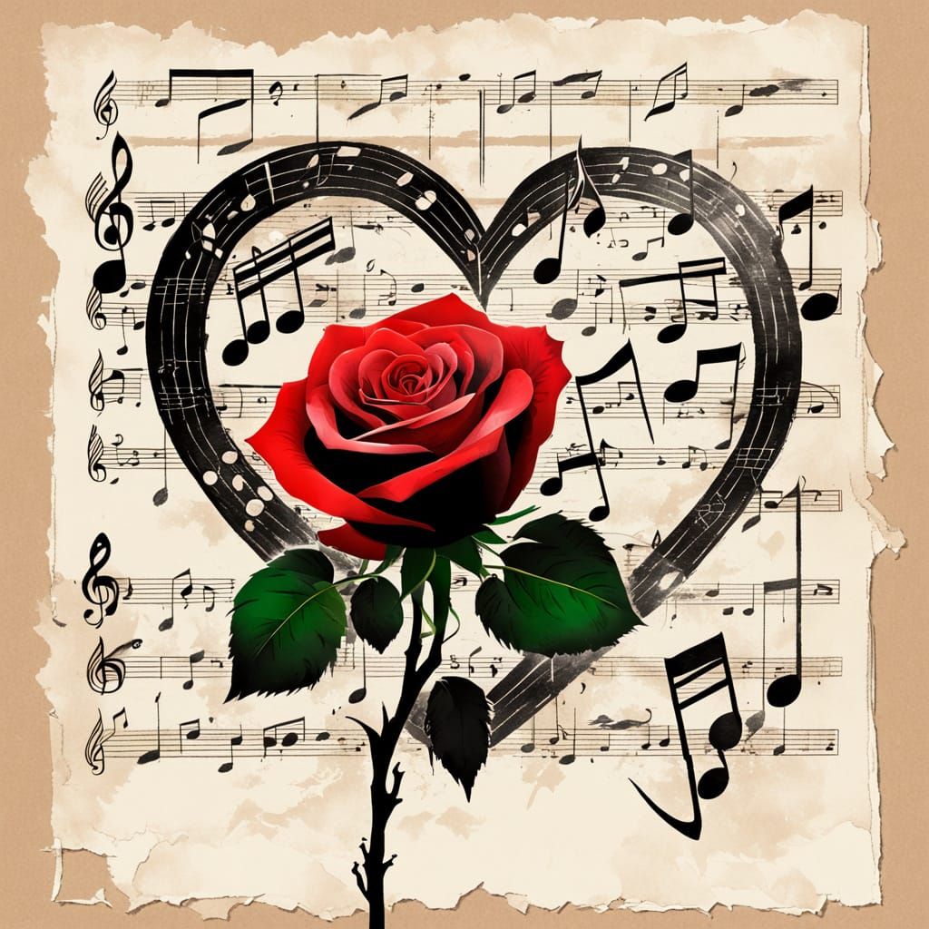 Red Rose Against Black Heart, Ink Painting