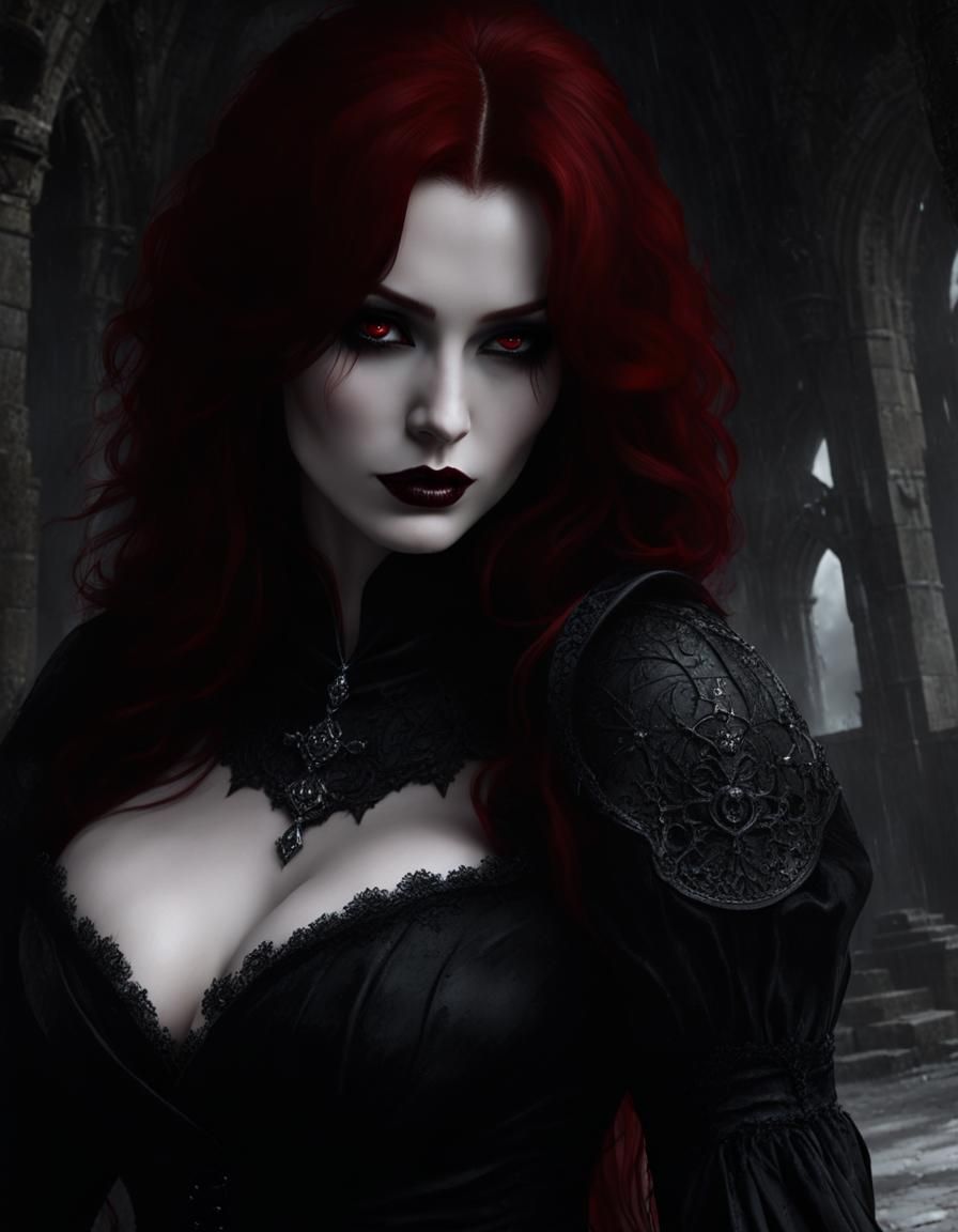 Redhead Vampire in Gothic Castle, Dark Fantasy Art