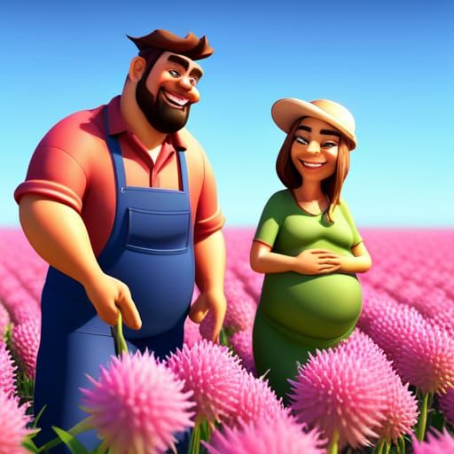 Happy Farmer with Pregnant Wife in Flower Field