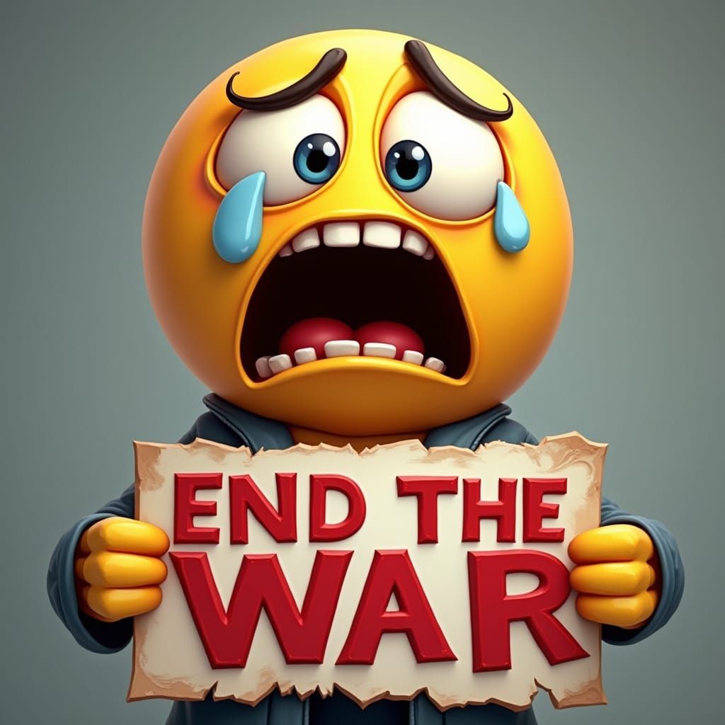 Emoji in Despair Holds Sign for Peace