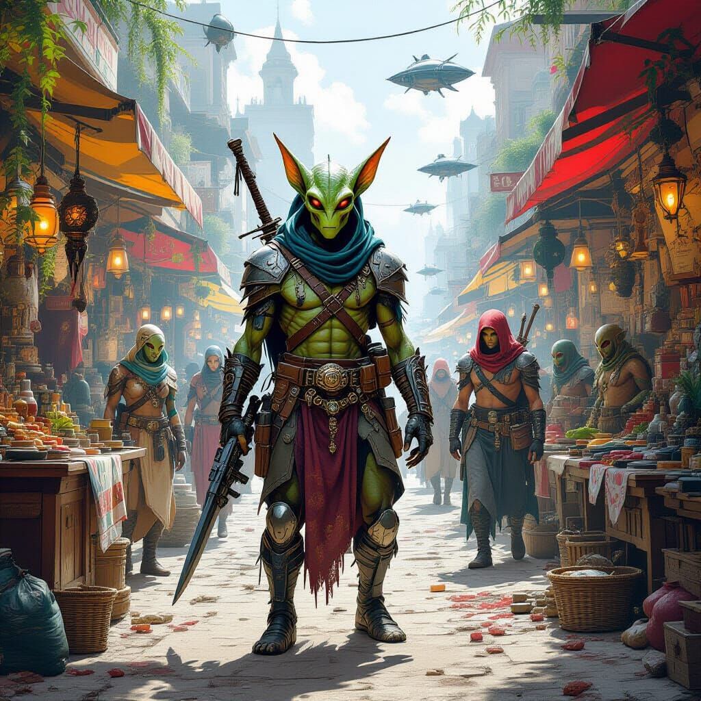 Exotic Alien Market With Fantasy Creatures