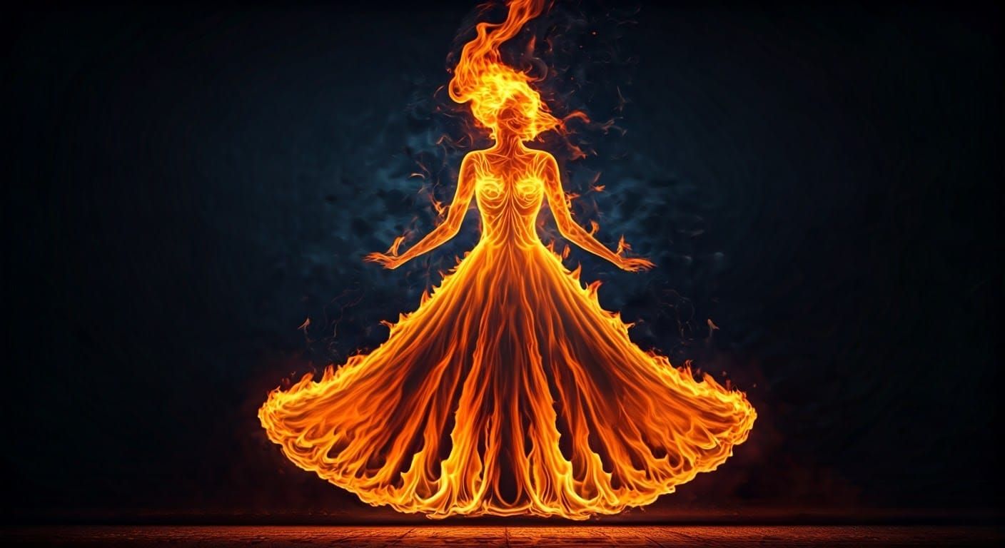 Fiery Woman in Dress of Flames: High Contrast Art