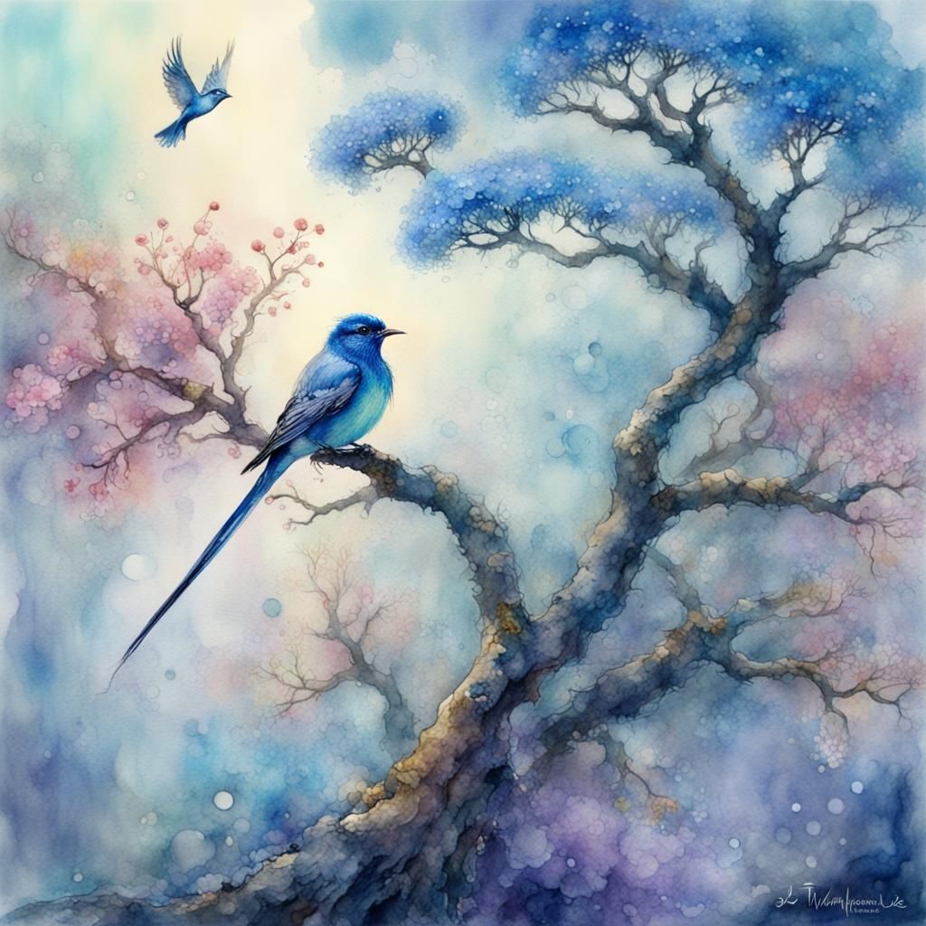 Blue Blossom Tree Bird in Watercolour Style