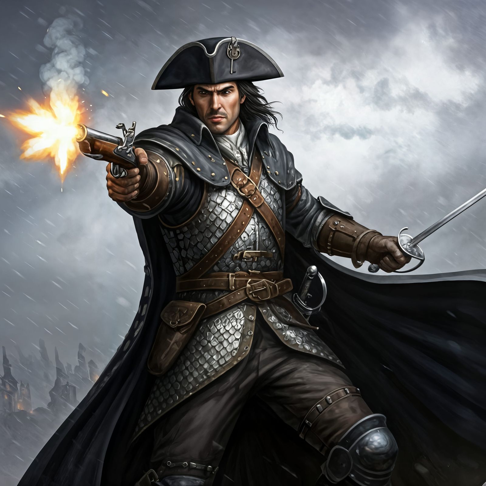 D&D Fighter in 16th Century Greatcoat Firing Pistol