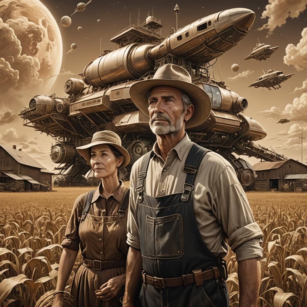 Photorealistic Farmer and Wife with Spaceship