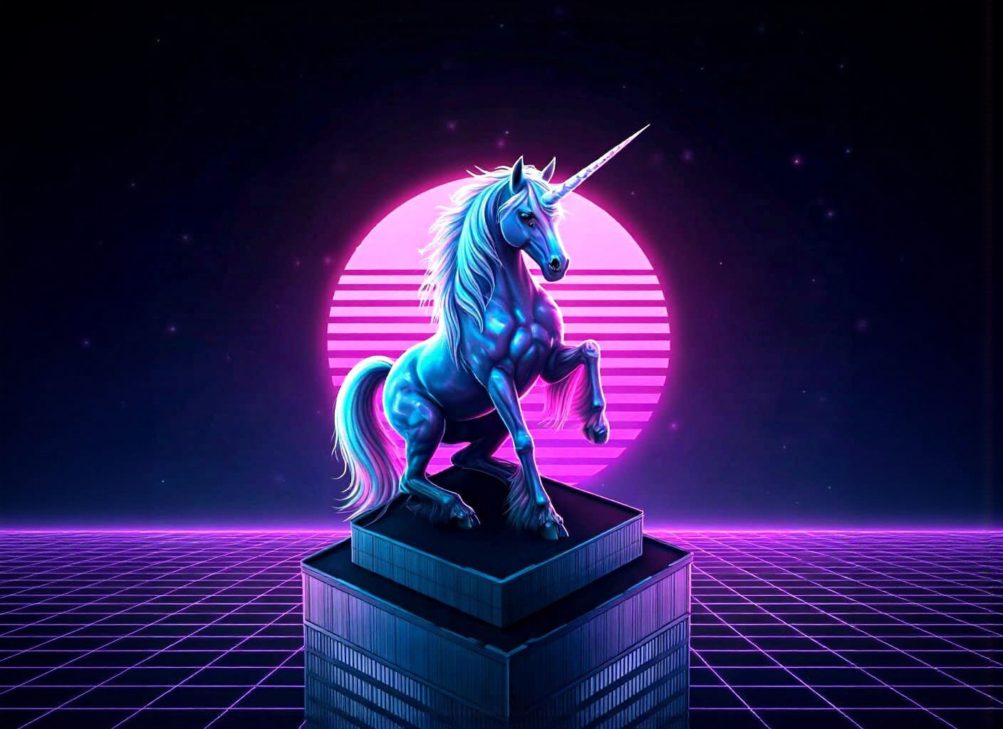 Cyberpunk Unicorn Perched Atop Futuristic Building