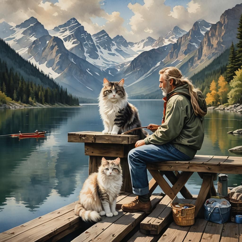 Watercolor Couple Fishing with Cat by Lake