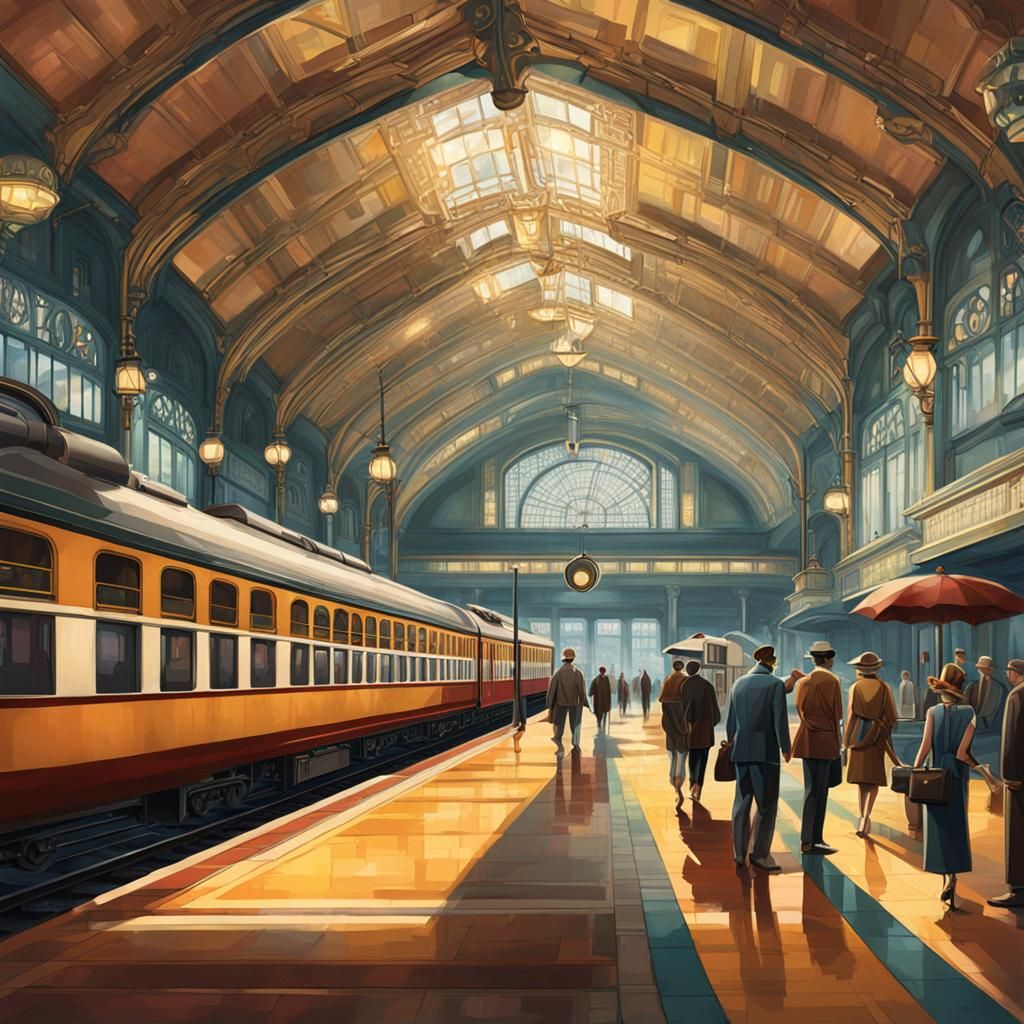 Art Deco Train Station with Passengers