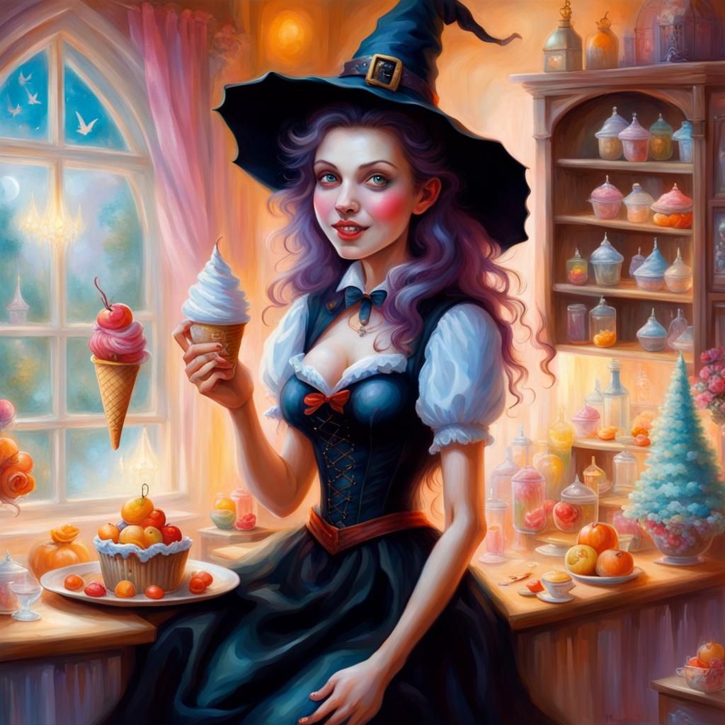 Happy Witch Enjoys Ice Cream in Magical Home