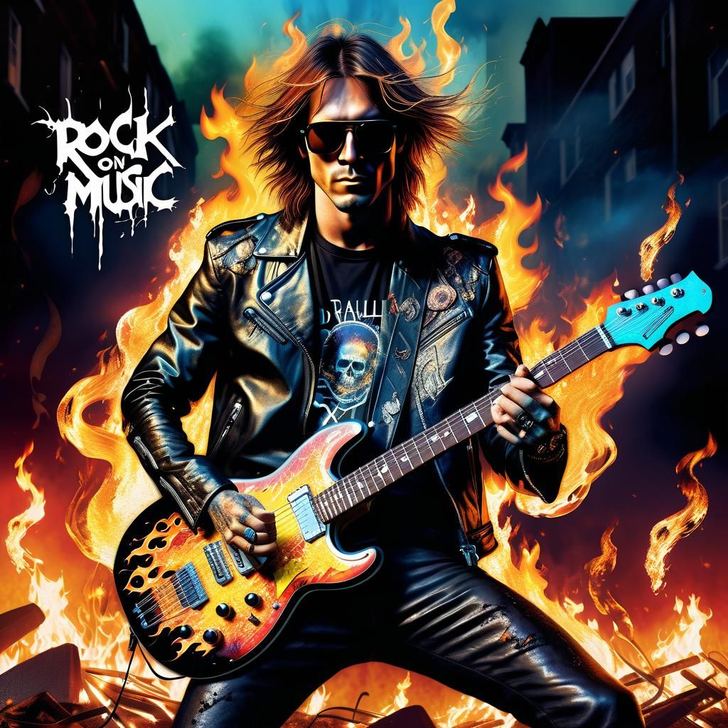 Rock Band Album Cover with Flaming Guitar