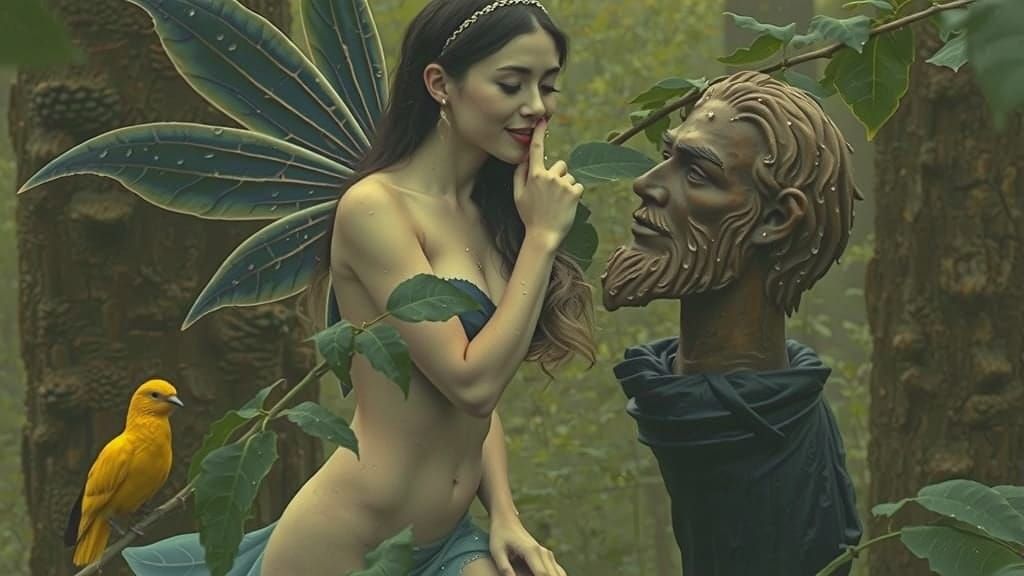 Blond Fairy Beside Wooden Head in Forest