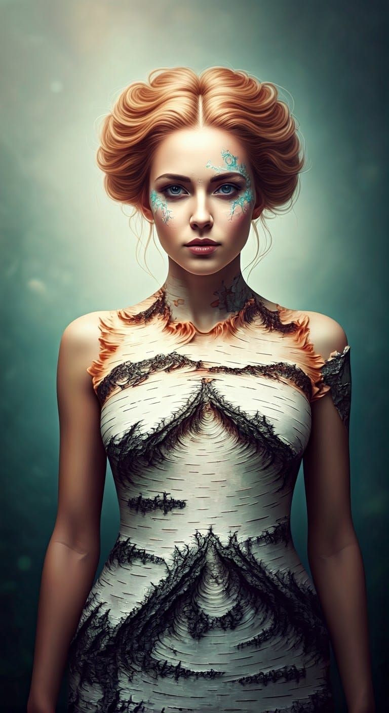 Surrealist Merge of Woman and Birch Tree in Ethereal Pastel....