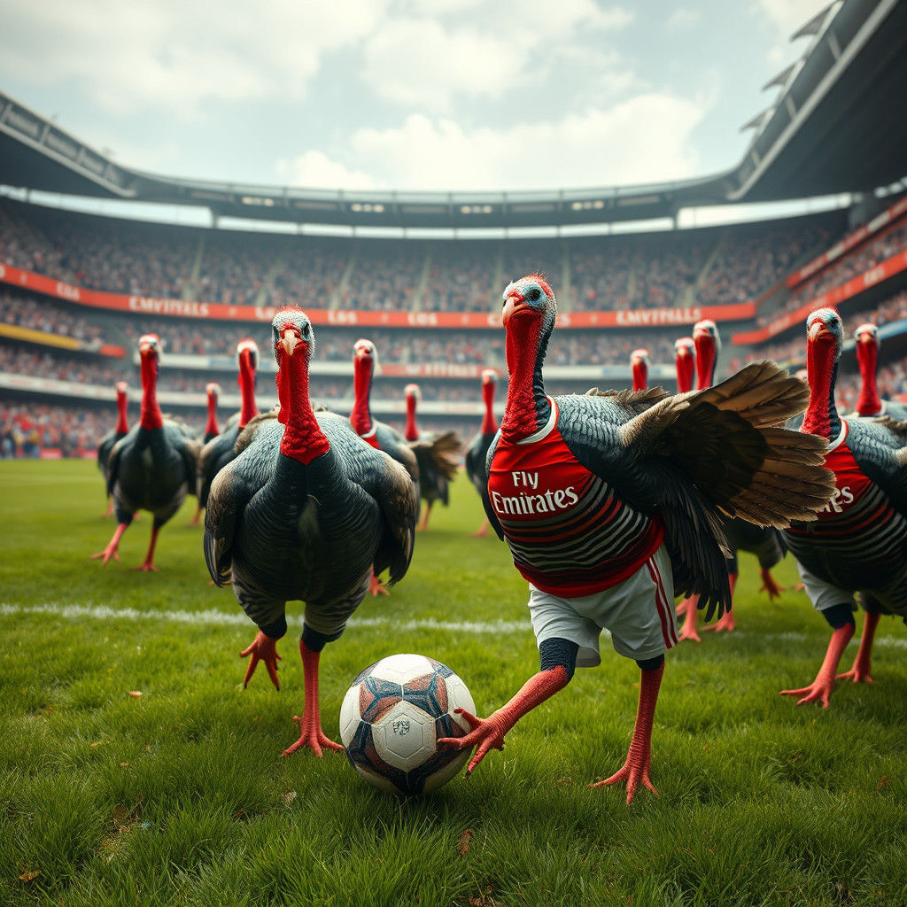 Turkeys Play Soccer as Arsenal Gunners: Whimsical Art