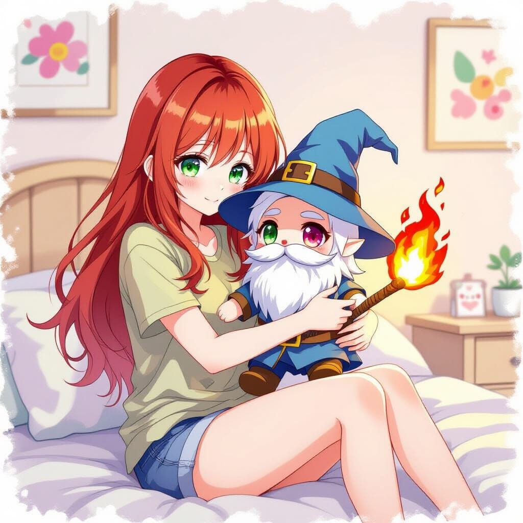 Japanese Woman Hugging Wizard Doll in Watercolor Style