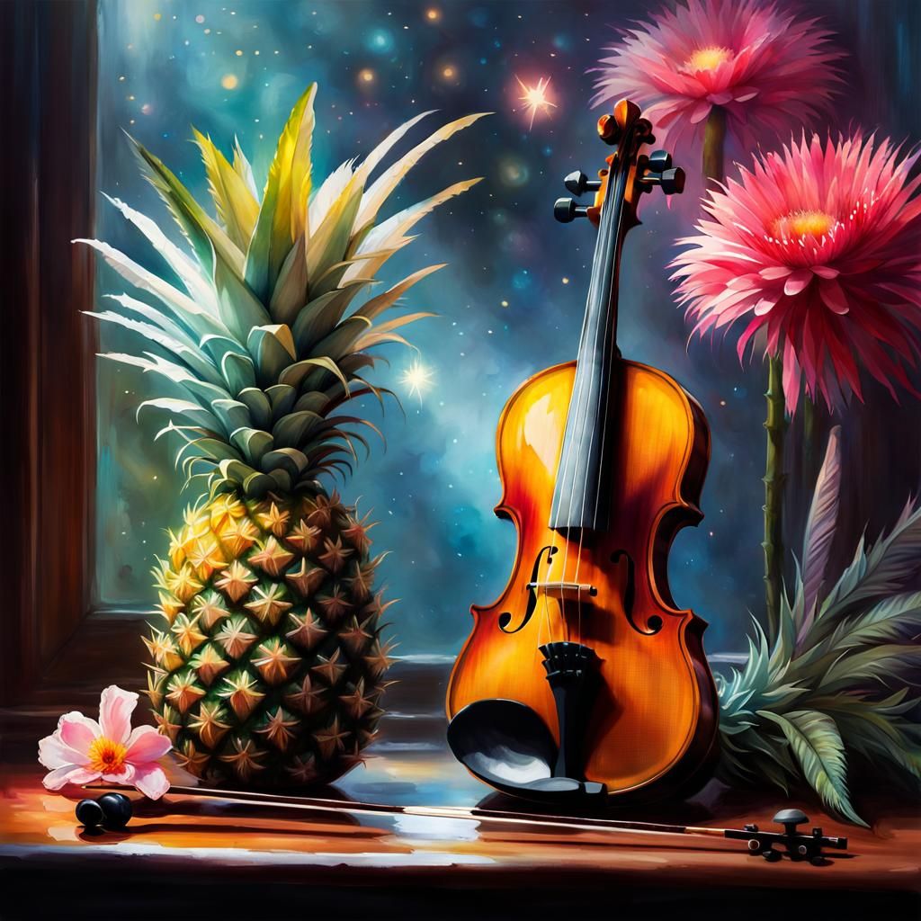 Watercolor Still Life: Violin, Pineapple, Flowers