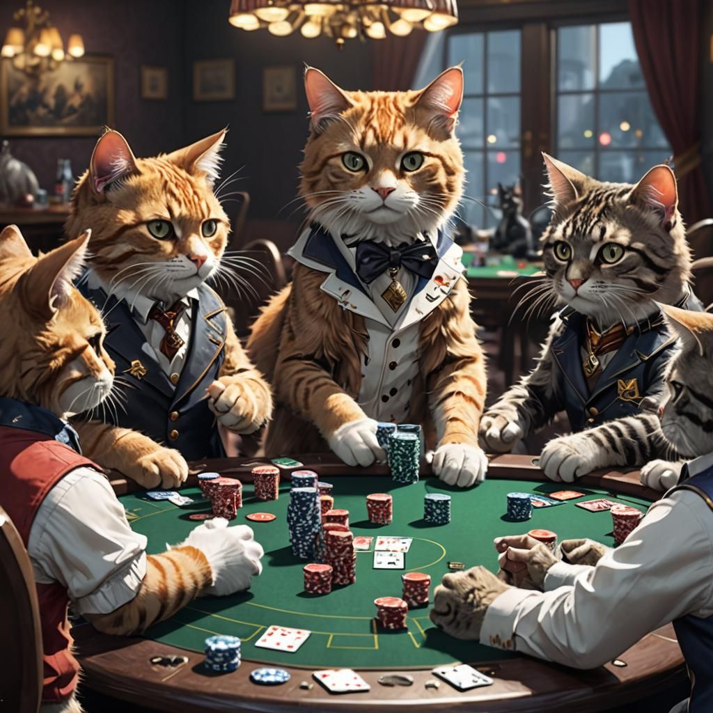 Cats Playing Poker in Detailed 3D Anime Art