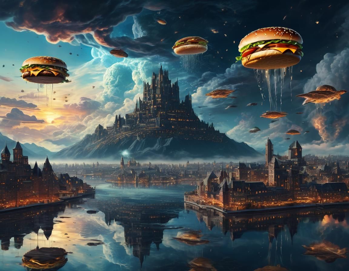 Giant Burgers Fly Over City in Retro Oil Painting