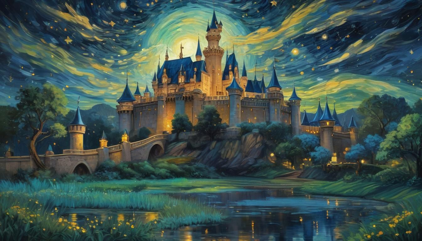 Van Gogh's Starry Night featuring a Disney Castle