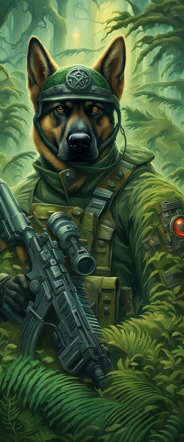 German Shepherd Soldiers in Mystical Jungle Battle
