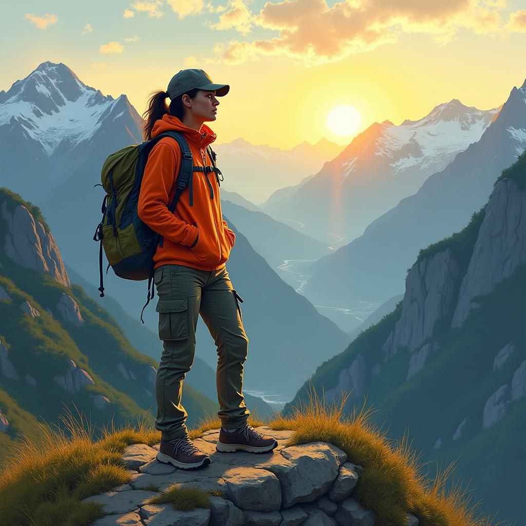 The dawn light illuminating a beautiful latina hiking on a mountain top