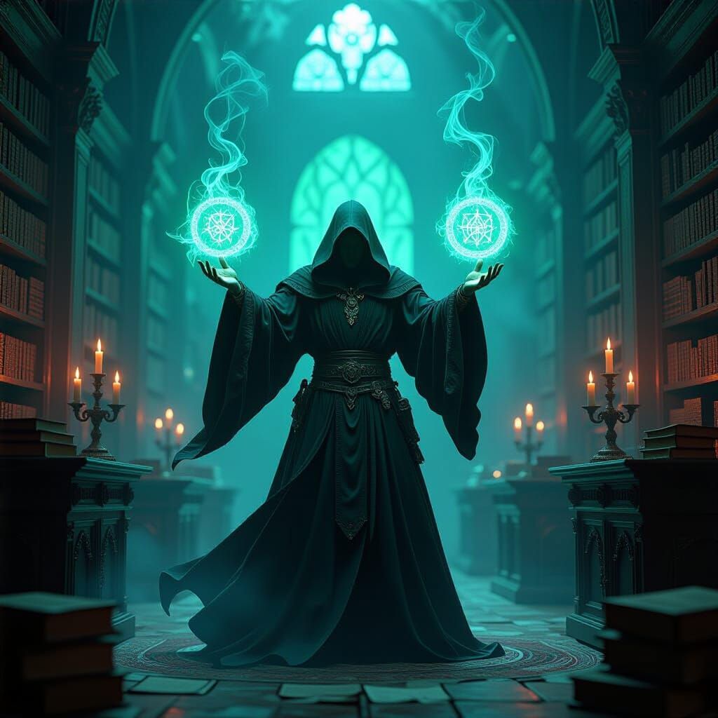 Mystical Scholar Conjuring Arcane Symbols in Ancient Library