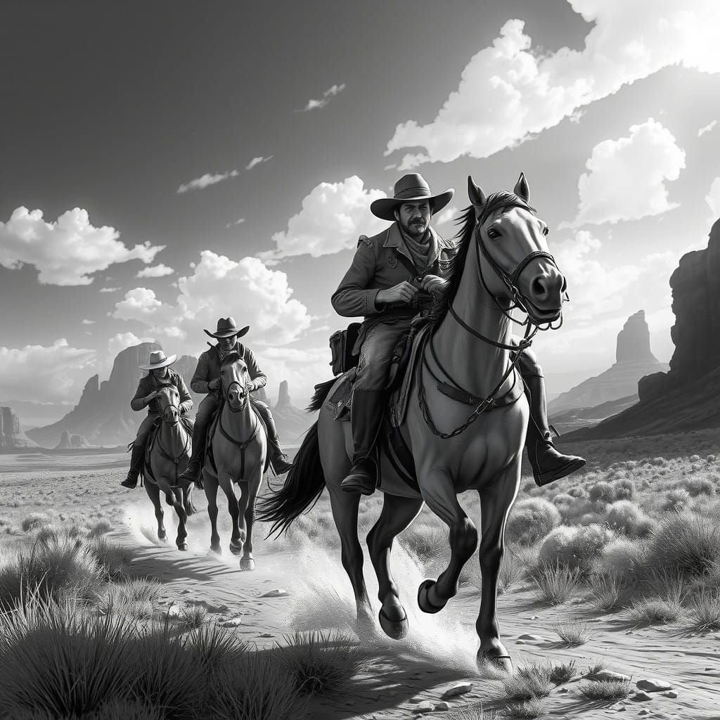 Rugged Cowboys Ride Through a Whimsical Black and White West...