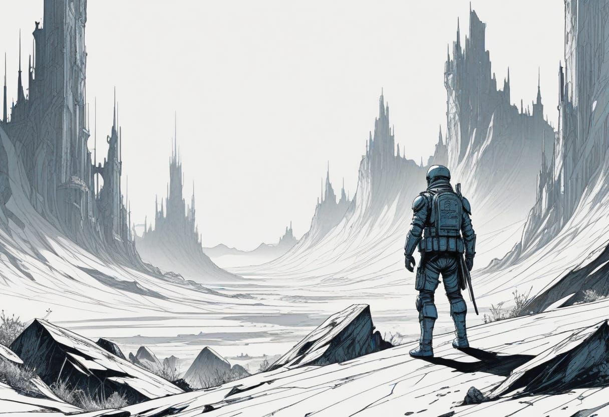 Futuristic Soldier in Desolate Landscape, Cinematic Sci-Fi A...