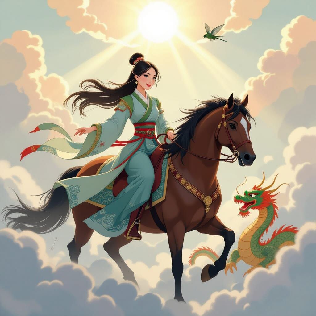 Mulan on Horseback in Traditional Chinese Style