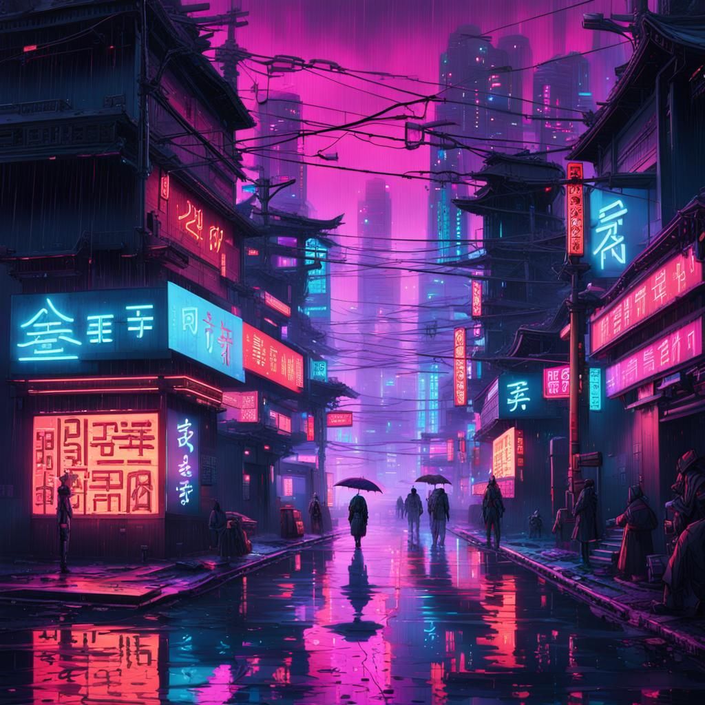 Cyberpunk Japanese Wall Art in Neon Cityscape