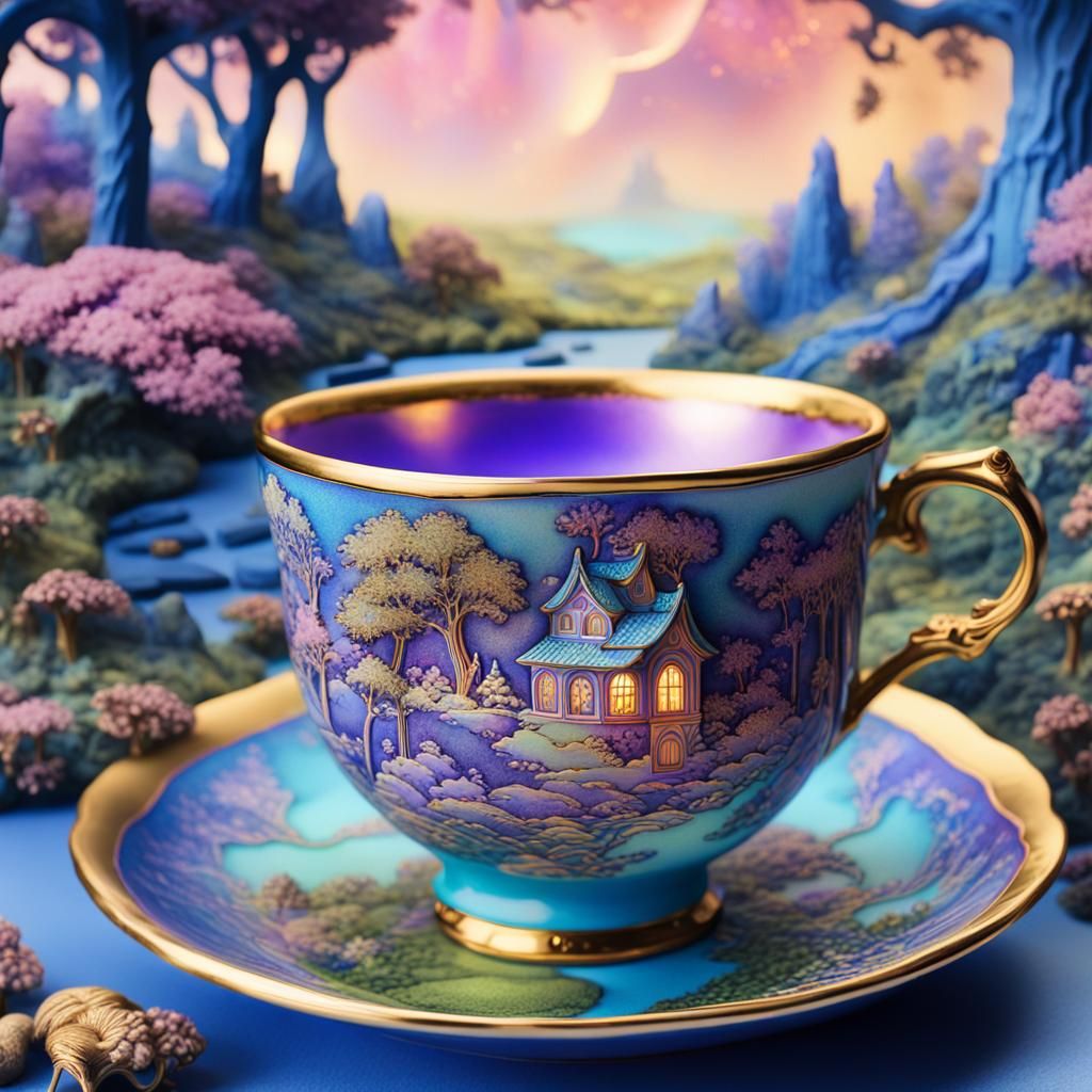 Fairy Village Inside Teacup in Art Nouveau Style
