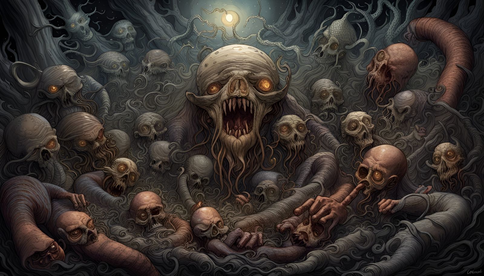 Dark Fantasy: Man Infested with Worms in Shadowy Room