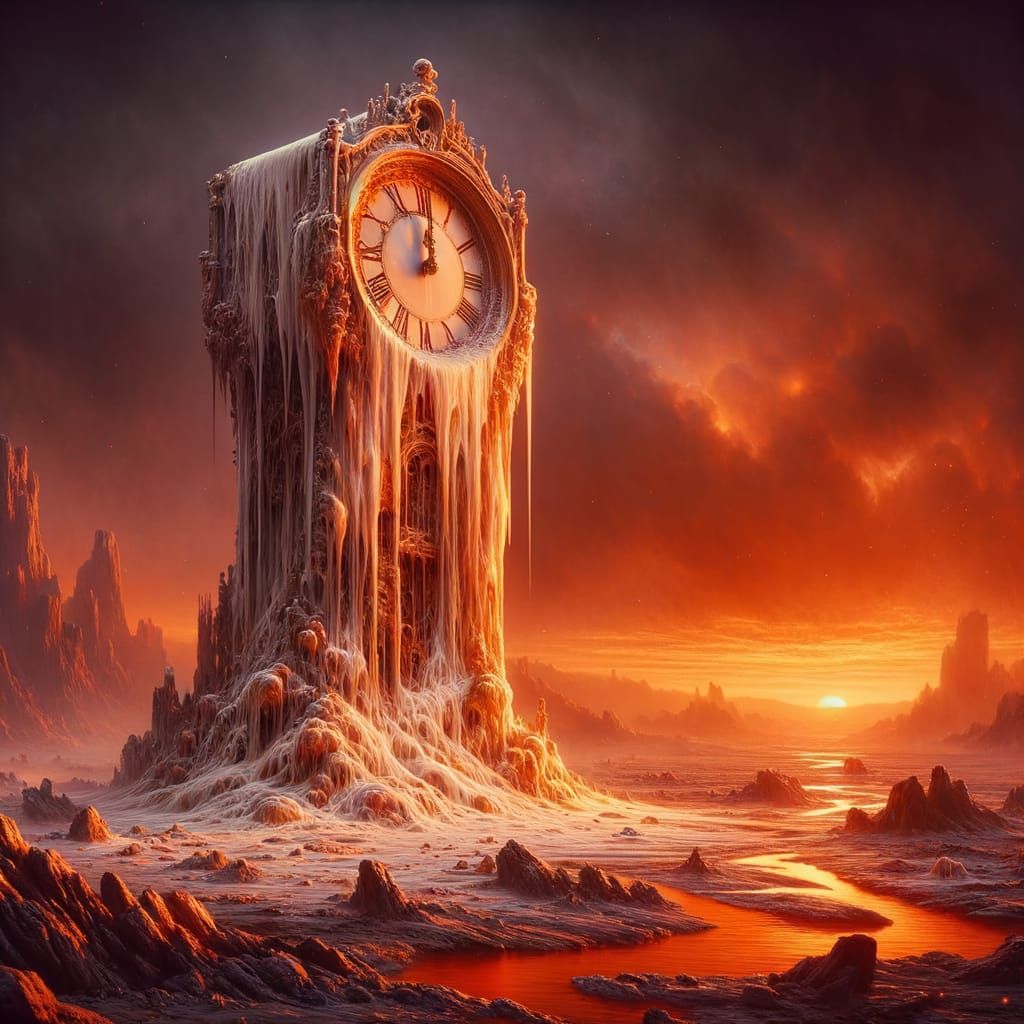 Surreal Melting Clocktower in Barren Landscape